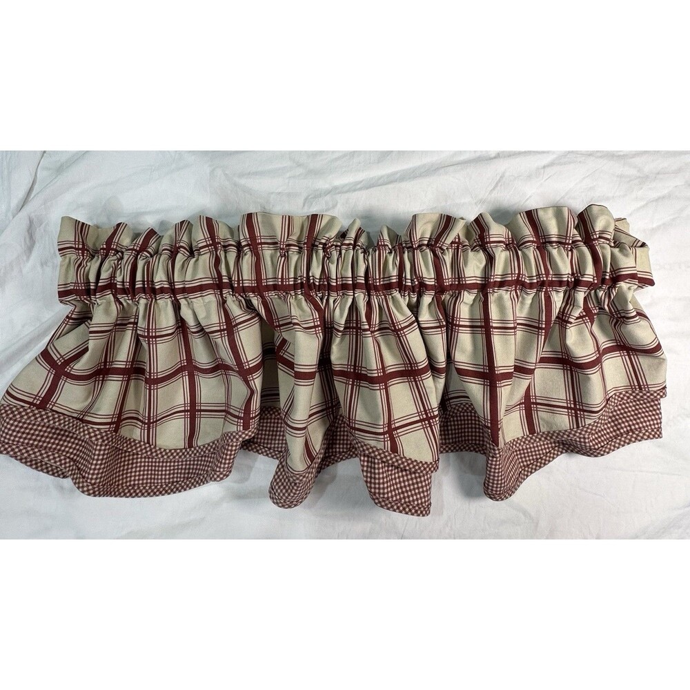 Ellis Curtain Set 5 Valances 72x15 Burgundy Plaid Gingham Cotton USA